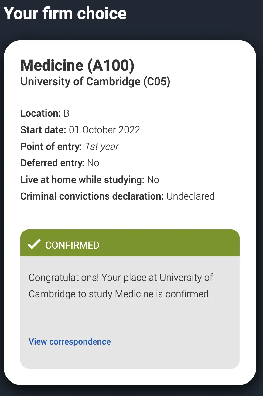 UCAS confirmation of Cambridge Medicine place